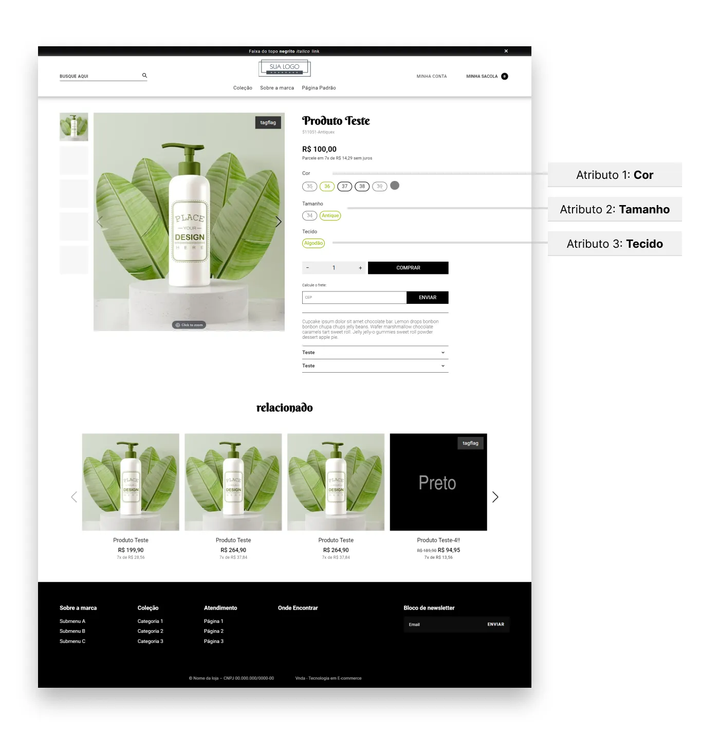 Demonstra a exibição dos nomes dos atributos no frontend do Template de uma loja